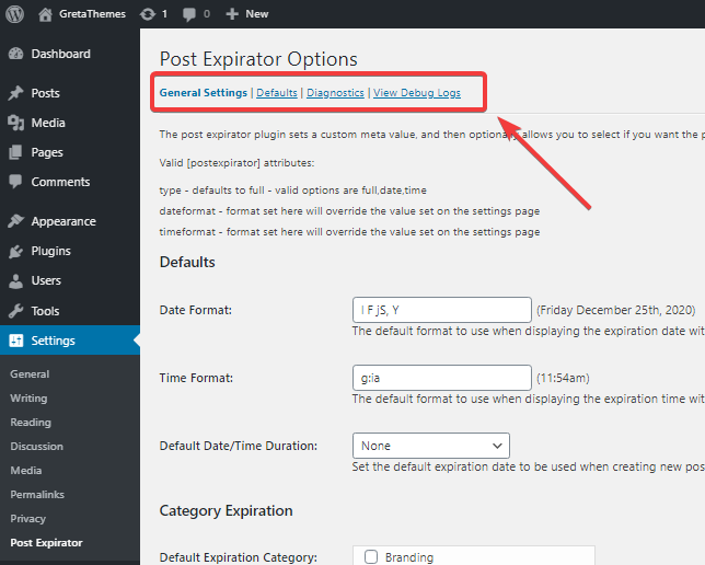 Configurer 4 onglets du plugin Post Expirator dans WordPress