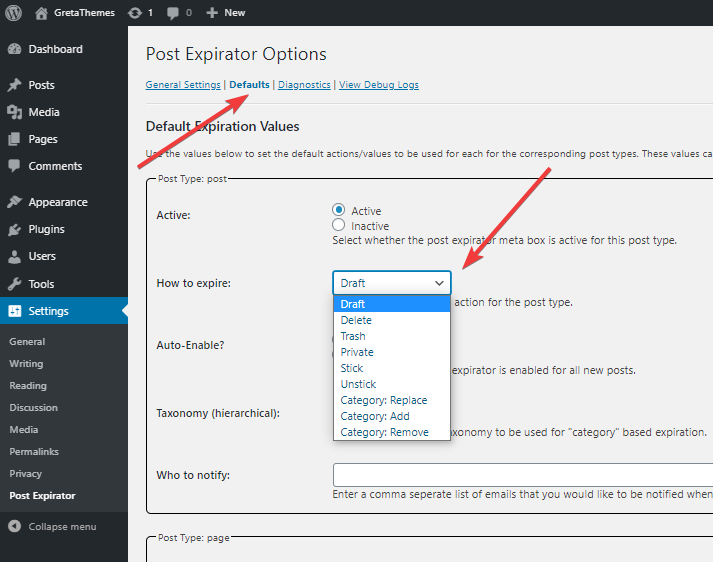 vos pPosts/pages seront définis sur le statut par défaut à leur expiration