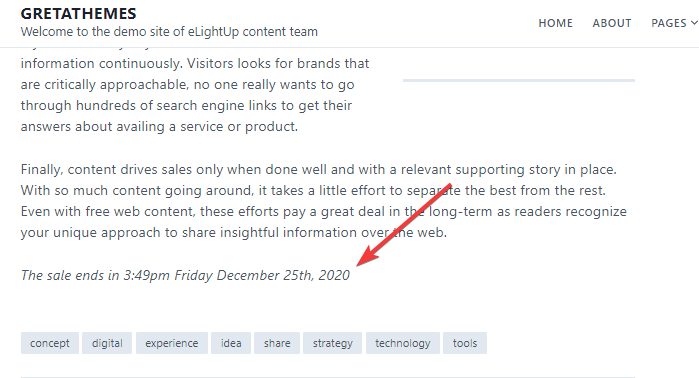 Modifier la notification dans le pied de page concernant la date d'expiration de la publication