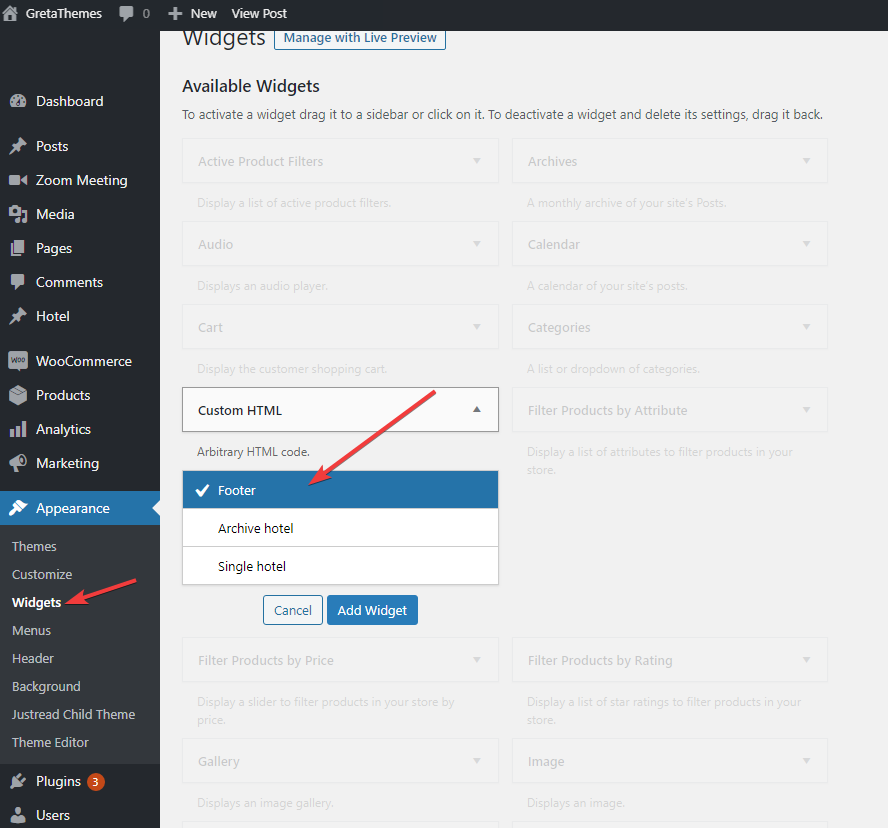 afficher le widget sur le pied de page du site WordPress