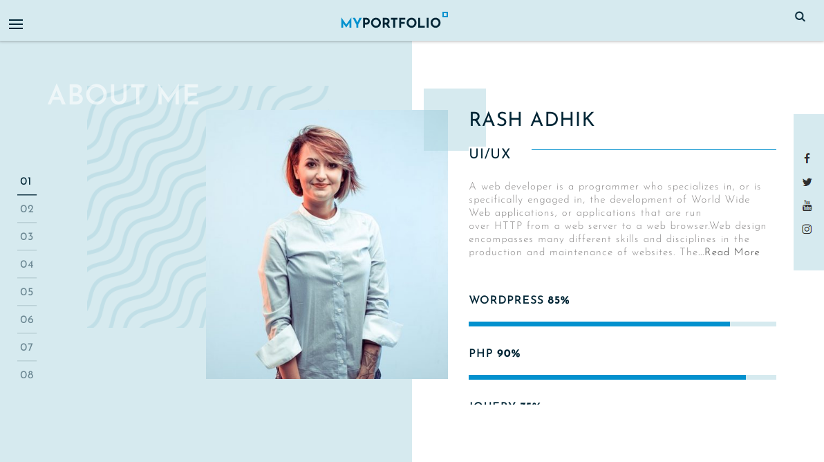 RT Portfolio est un thème de CV en ligne gratuit avec un design jeune et à la mode.