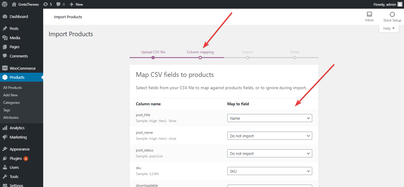 choisissez les champs que vous souhaitez importer en utilisant WooCommerce