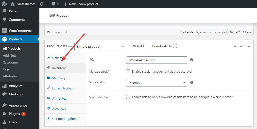 Il y a 4 sections dans l'onglet Inventaire du plugin WooCommerce