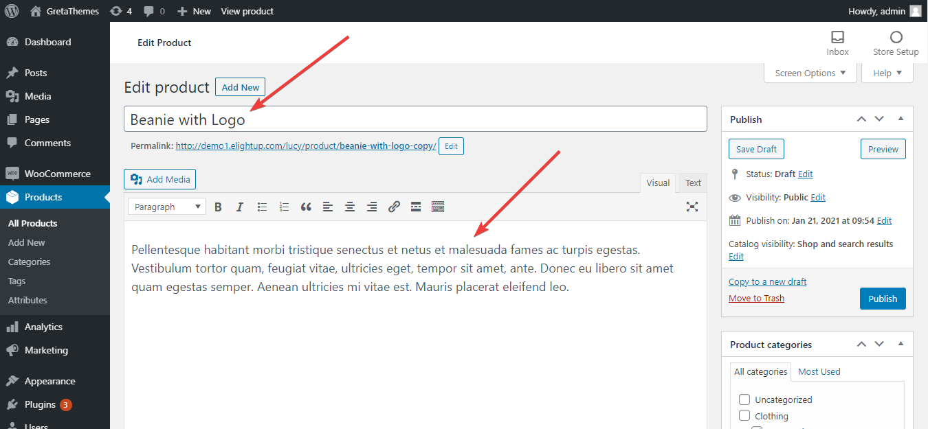 Entrez le nom et les descriptions du produit simple