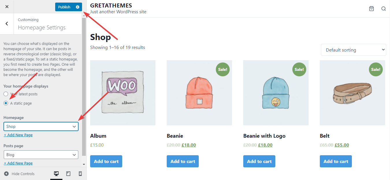 Choisissez la page du produit comme page d'accueil