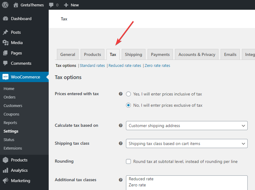 税收选项卡出现在 WooCommerce 插件的设置部分