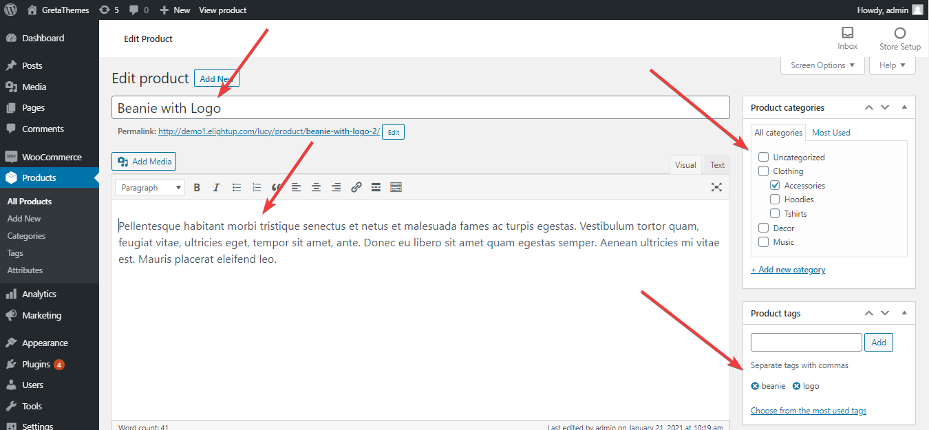 输入产品的名称、描述、标签和类别。