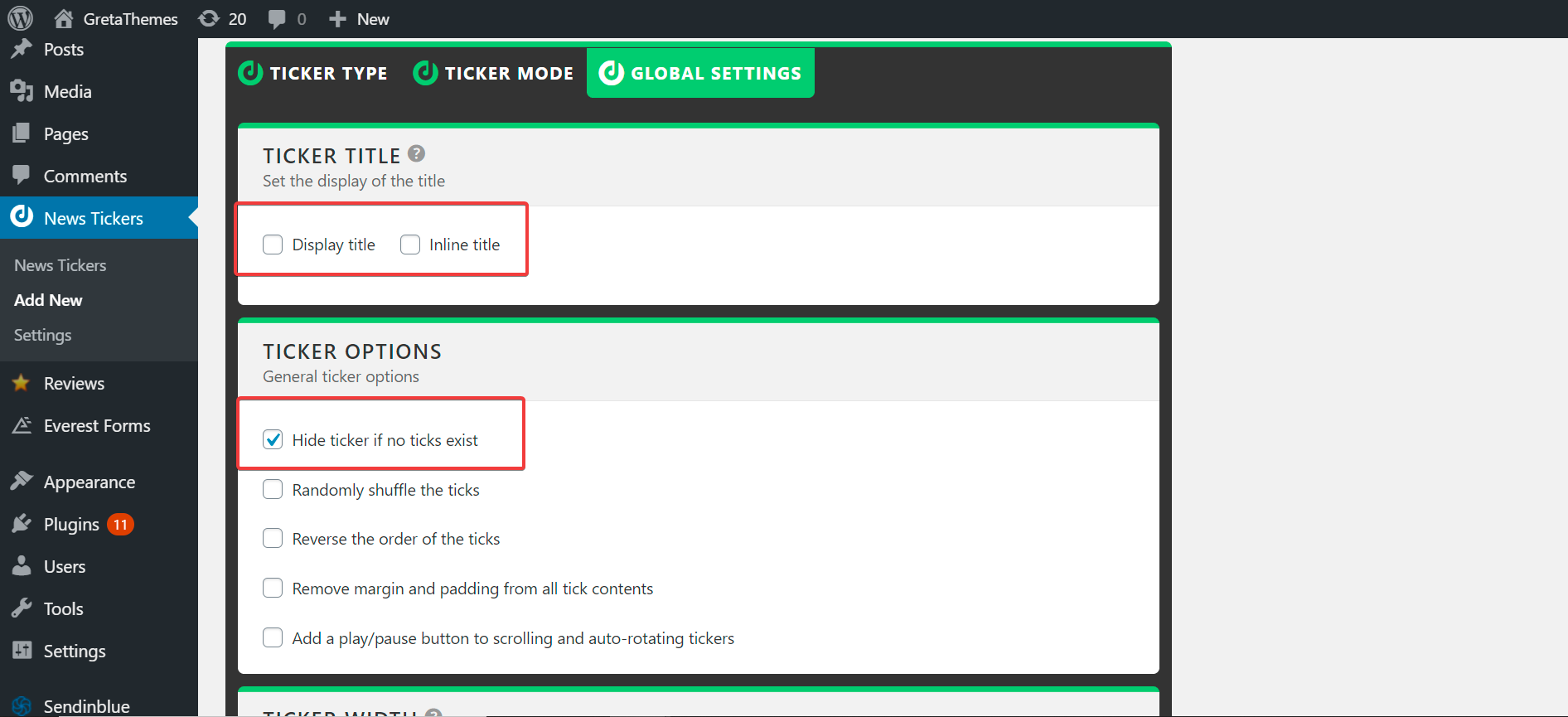 單擊全局設置時，您將看到一些其他選項來自定義代碼