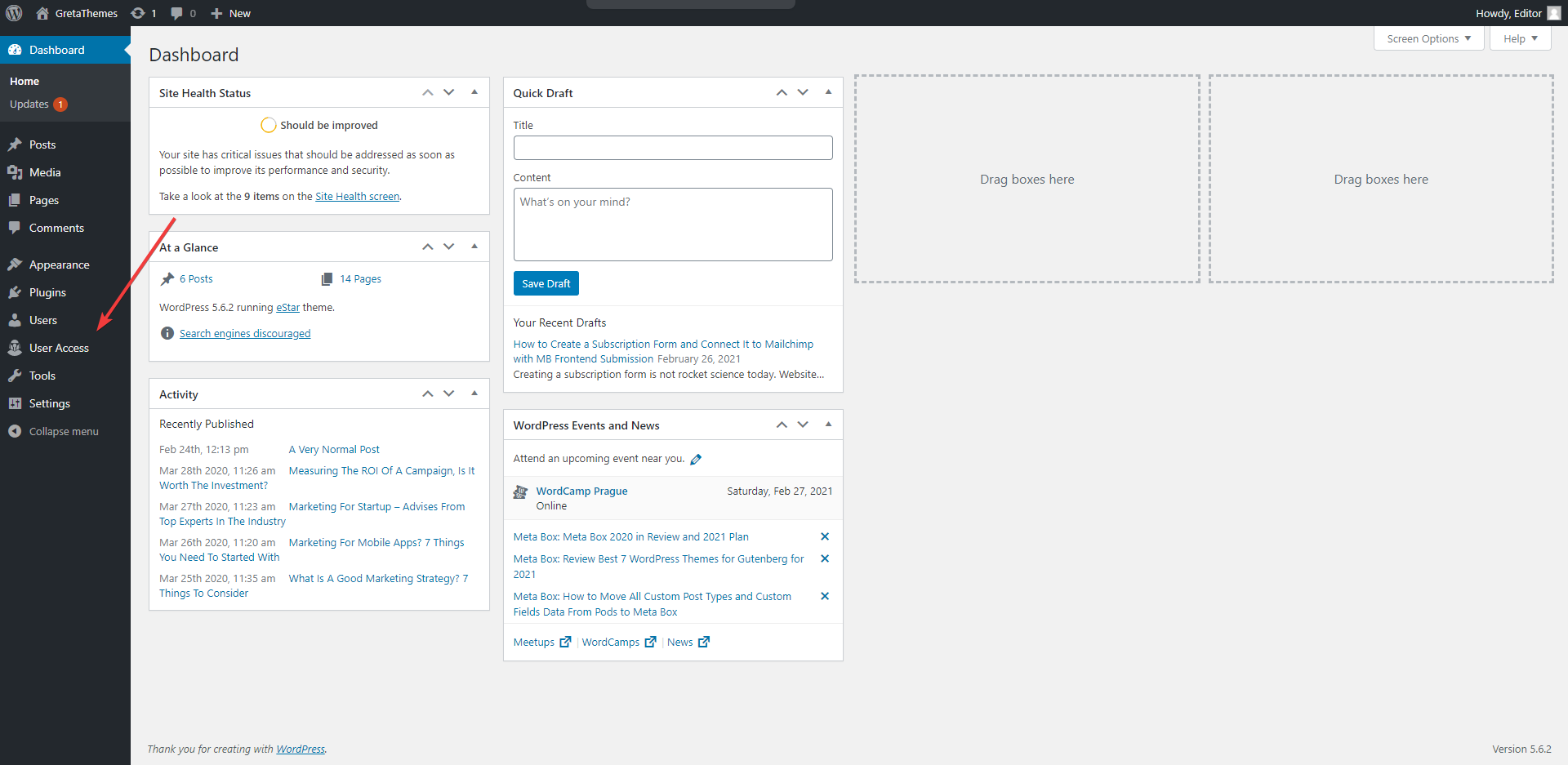 قسم جديد سيظهر وصول المستخدم على الشريط الجانبي في النهاية الخلفية لموقع WordPress الخاص بك