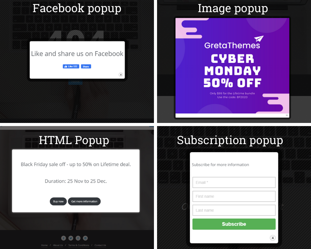 Есть 4 типа всплывающих окон.