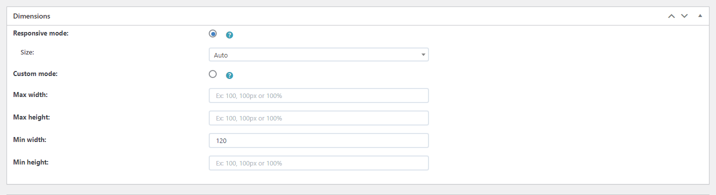 В разделе «Размеры» вы можете настроить ширину и длину всплывающего окна.
