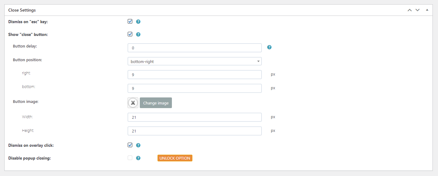 Вы можете выбрать способ закрытия всплывающего окна в разделе «Закрыть настройки».