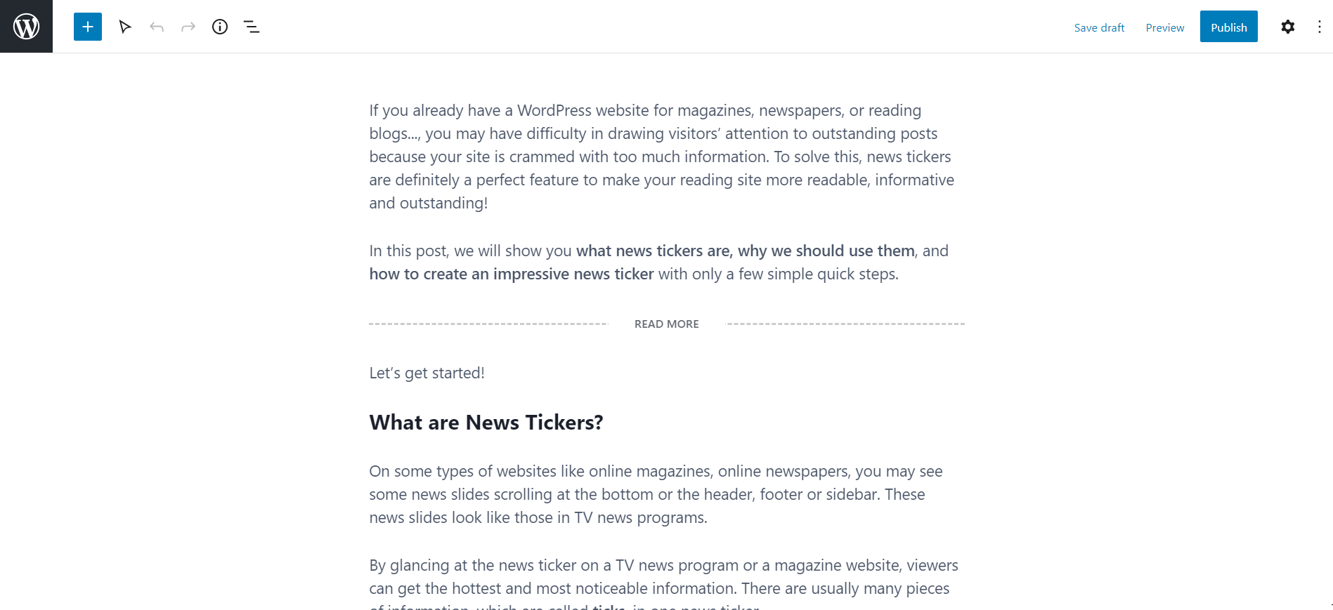 문자를 삽입하려는 게시물의 게시물 편집기에서 목차 활성화를 클릭합니다.