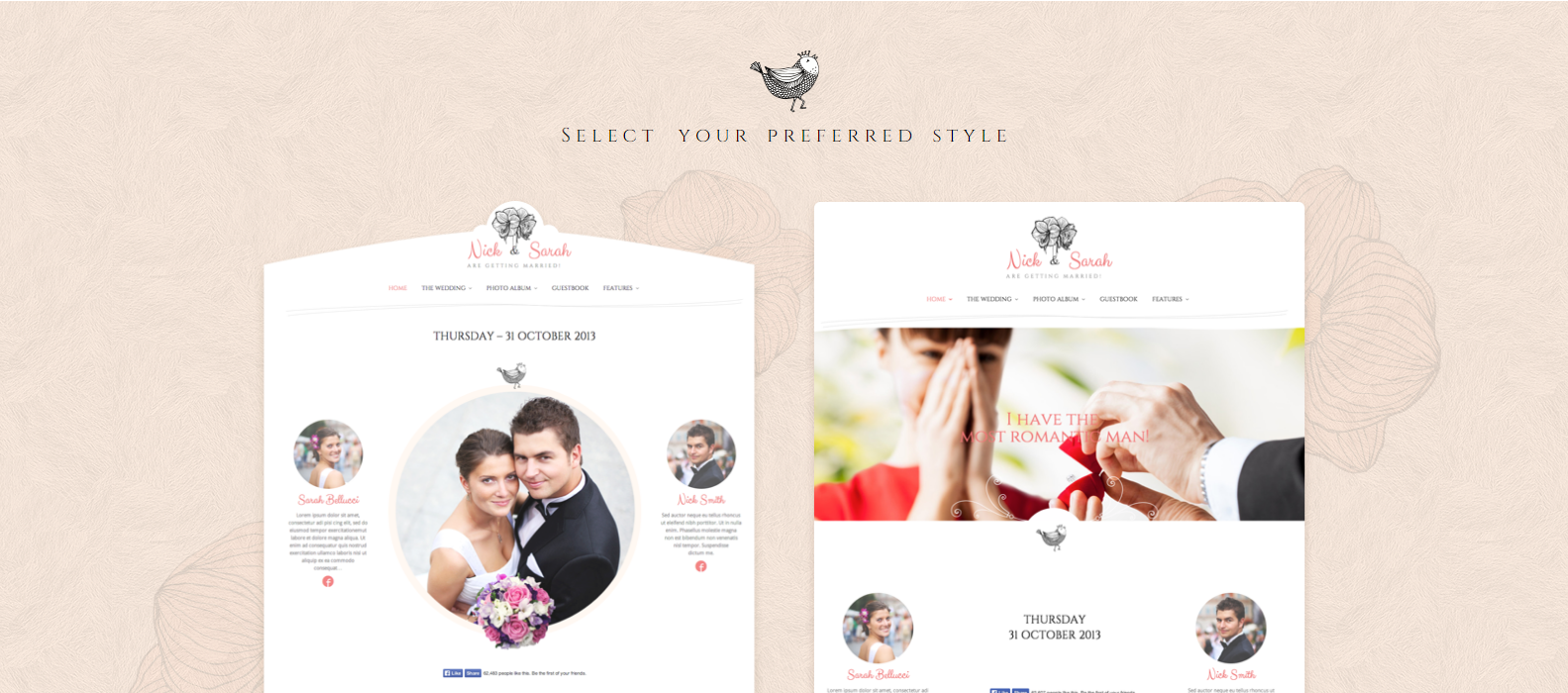 Tema WordPress romatis dan elegan ini sangat cocok untuk pernikahan.