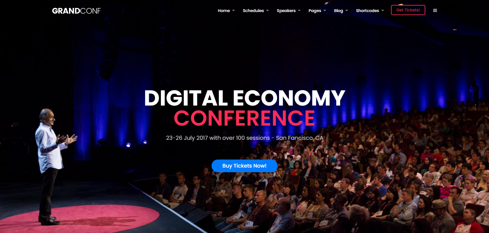 Grand Conference adalah video latar belakang pembuktian tema WordPress dan tombol ajakan bertindak untuk acara Anda.