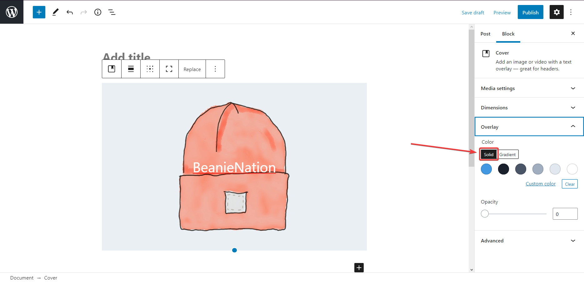 有兩種顏色選項可以覆蓋您的封面圖像:純色和漸變色。