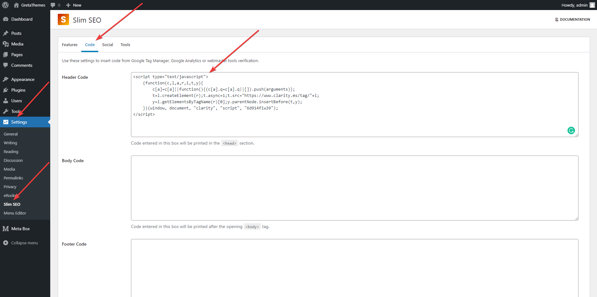 inserisci il codice di monitoraggio di Microsoft Clarity nella sezione del codice di intestazione di Slim SEO
