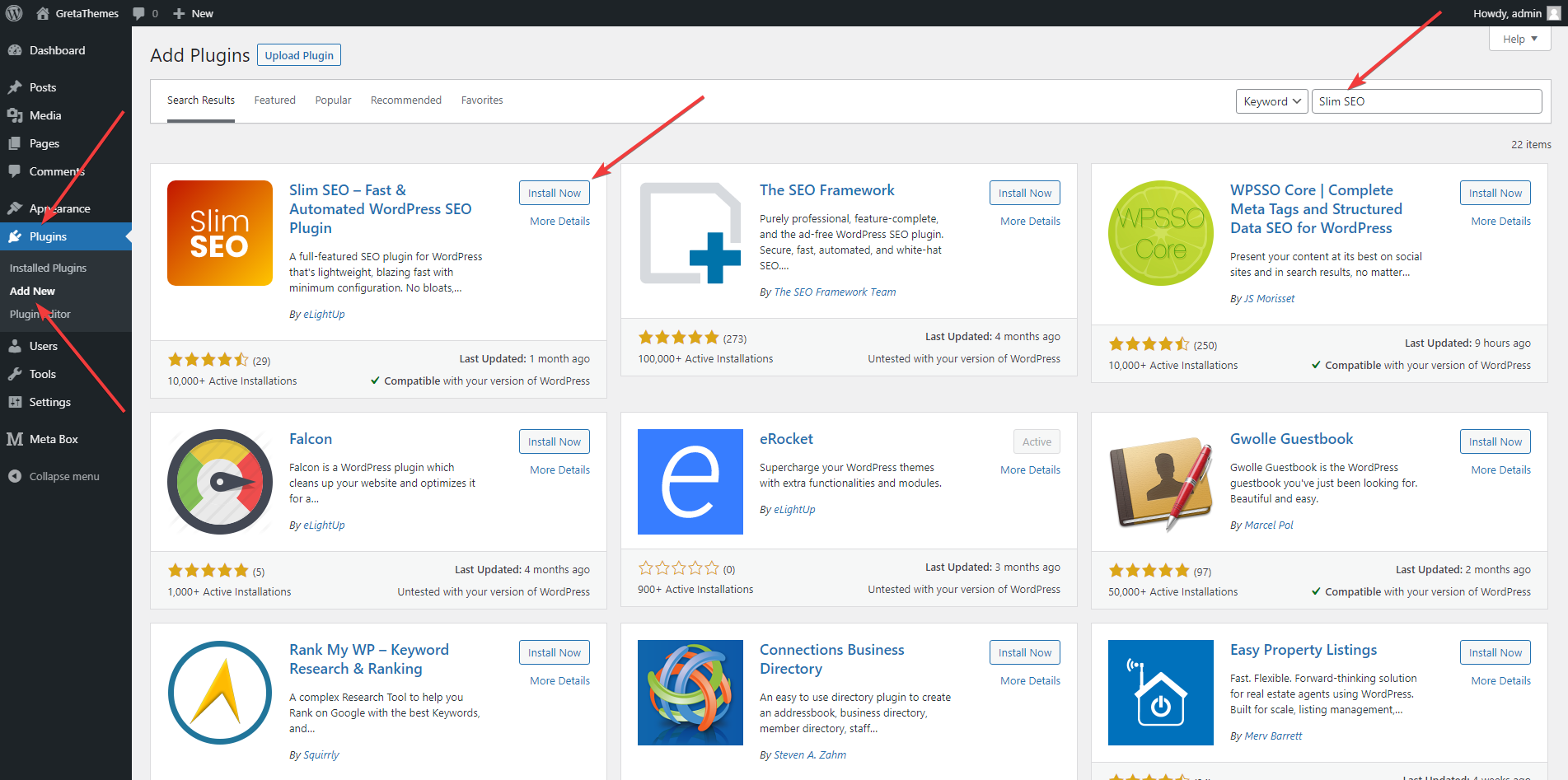 trova e installa Slim SEO direttamente dalla dashboard