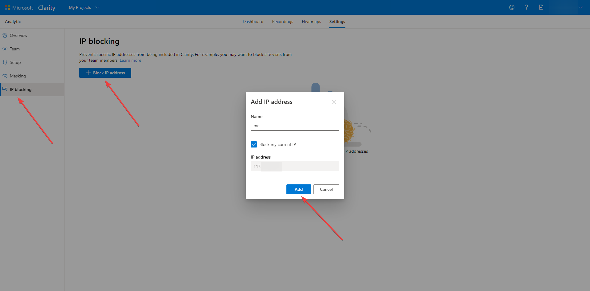 puoi digitare qualsiasi indirizzo IP qui per bloccare