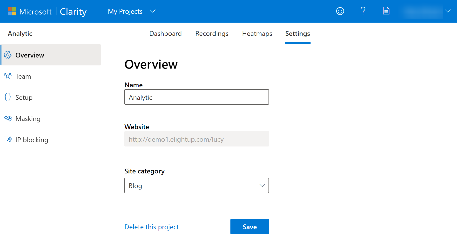 scheda impostazioni di Microsoft Clarity