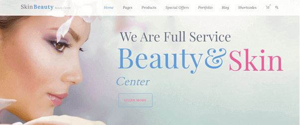 Skin Beauty主题以浅紫色结合蓝色和粉红色的莲花花瓣，为美容网站营造出一种柔和的漂浮感。