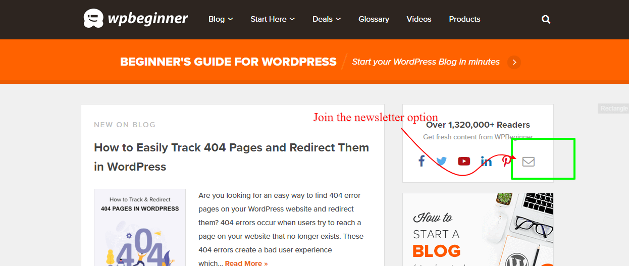 wpbeginner.com 已將時事通訊加入他們的側邊欄，新訪問者將在此處單擊，然後會出現一個註冊表單。