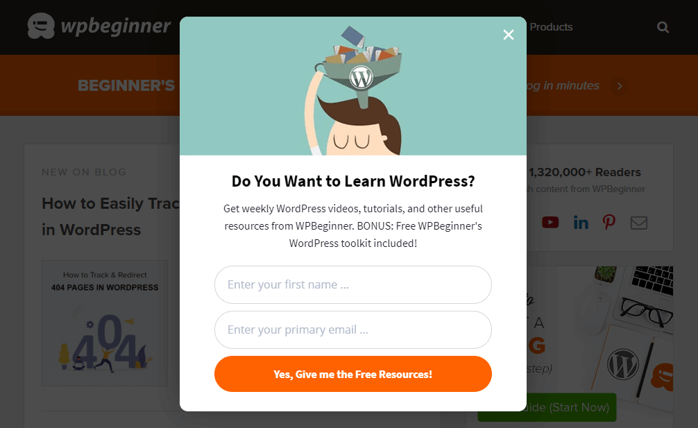 將出現 wpbeginner.com 的註冊表單，用戶可以註冊。