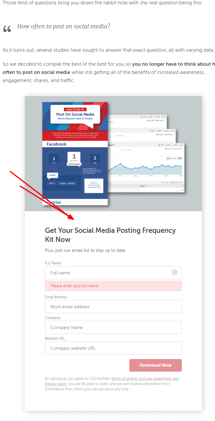 Coschedule.com 在他們的博客和彈出窗口中使用圖形來通知他們的時事通訊選項。