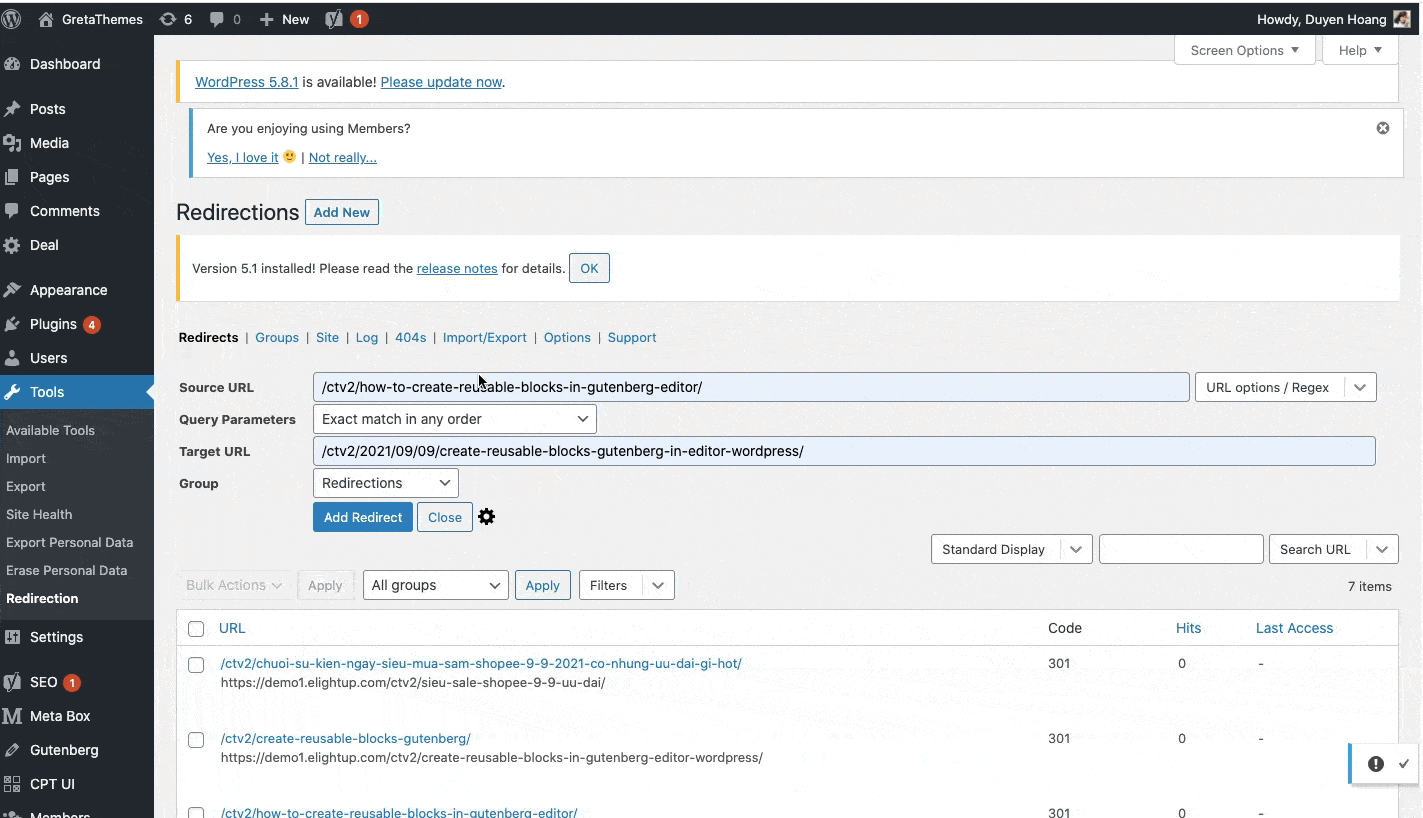 检查创建 301 重定向的结果