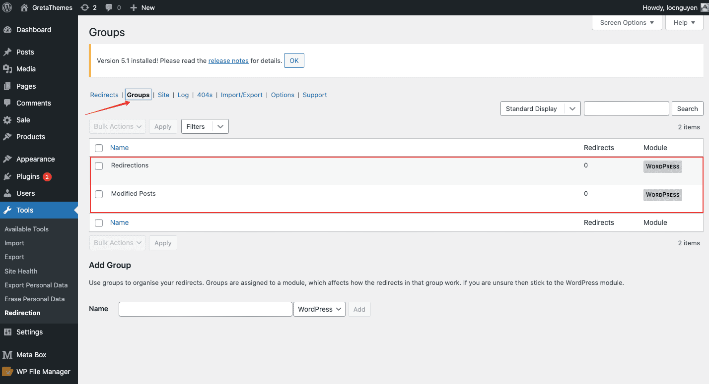在“组”选项卡上，您可以创建组并编辑将用于重定向链接的组信息。