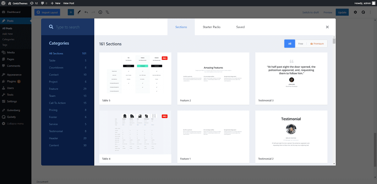 Qubely 插件包含 60 多种免费版布局和 100 种高级版布局。
