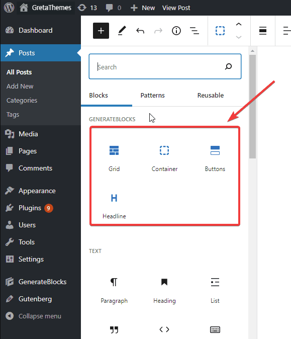 GenerateBlocks 插件支持 4 个古腾堡块