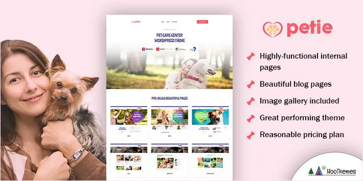 Petie - مركز رعاية الحيوانات الأليفة وموضوع WordPress البيطري