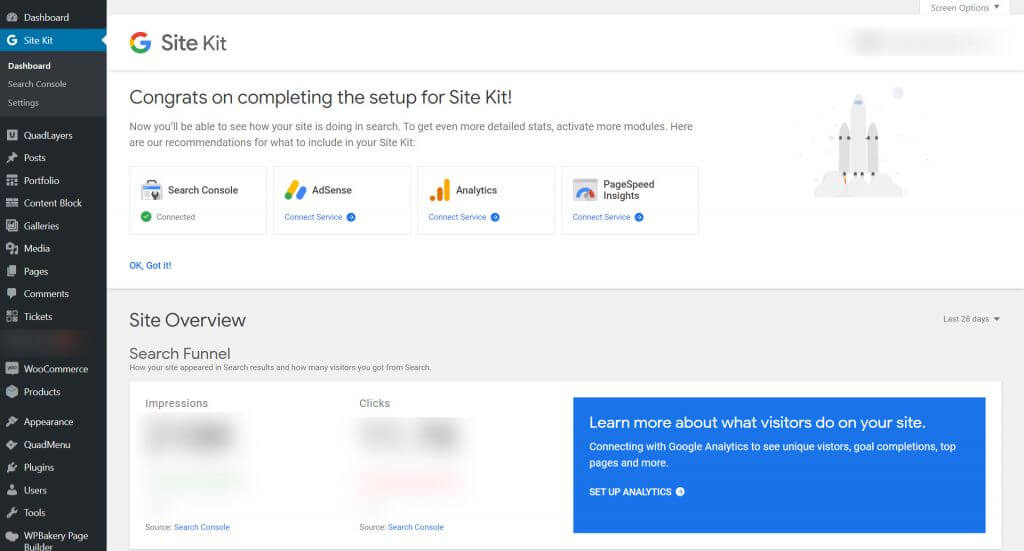 Google Site Kit WordPress - interfaccia utente dashboard