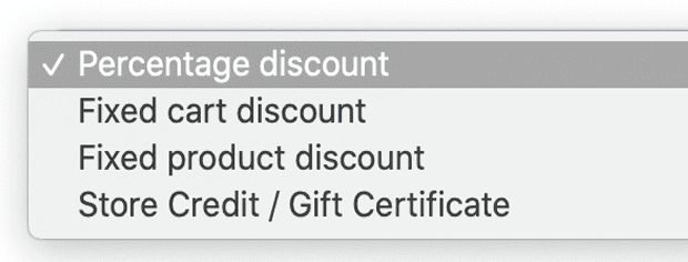 Crear cupones de WooCommerce - Tipos de descuento