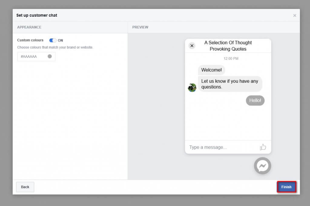 WordPress Messenger Chat - ปุ่มเสร็จสิ้น