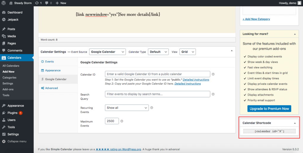 Adăugați Google Calendar la WordPress - Shortcodes