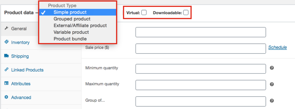 Opciones de tipo de producto al agregar un producto en WooCommerce