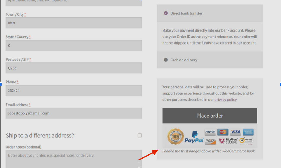 Ganchos de checkout WooCommerce - trust-badges-checkout
