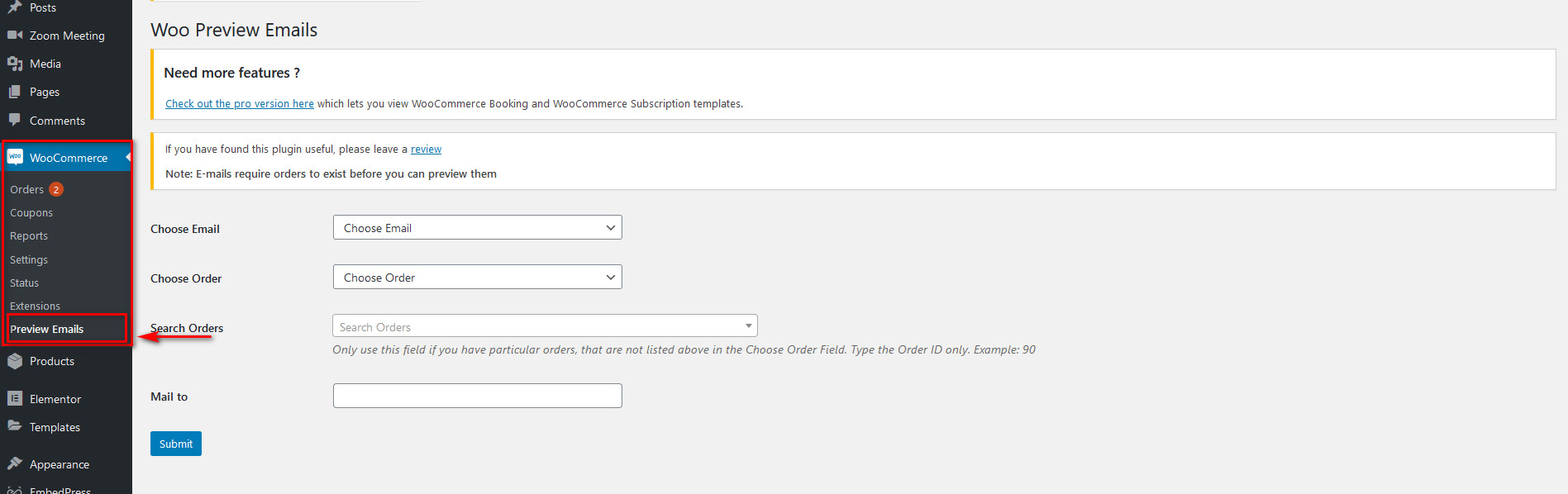 testați șabloane de e-mail woocommerce - interfață plugin