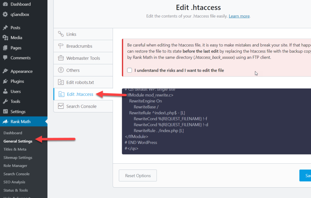 Remediați fișierul htaccess în WordPress cu Rank Math