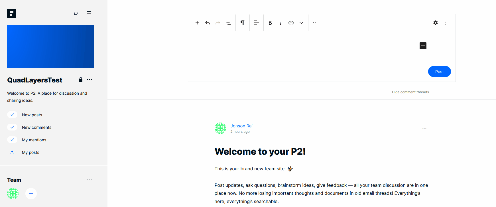 p2 para wordpress - novo post
