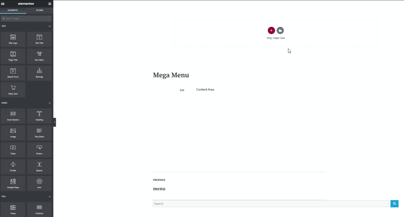 إنشاء قائمة ضخمة باستخدام elementor - إضافة قسم جديد