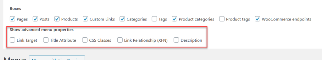 메뉴에 WooCommerce 제품 카테고리 추가 - 고급 메뉴 속성