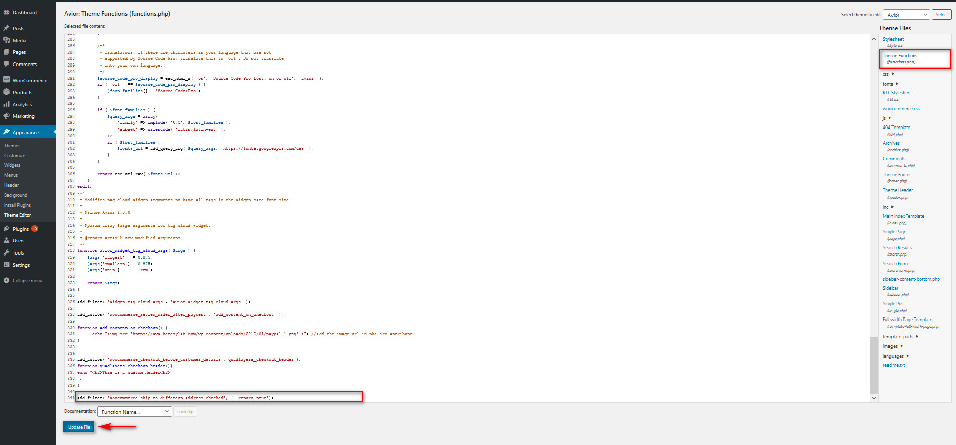 activați adresa de livrare în woocommerce - adăugați codul de filtru