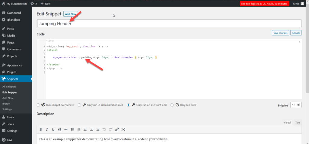 Correggi l'intestazione che salta in Divi - aggiungi snippet CSS