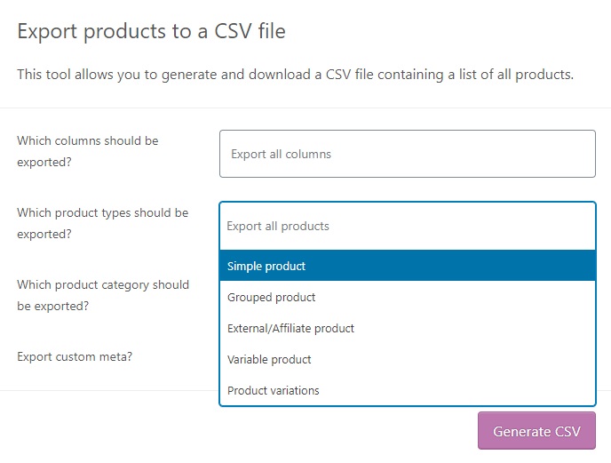 下拉产品类型导出 woocommerce 产品