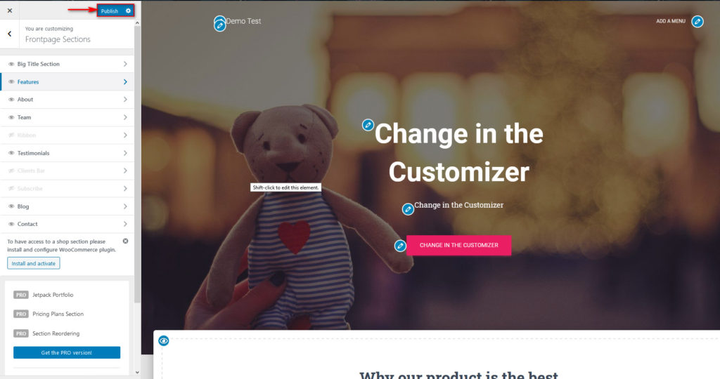 edit beranda wordpress - terbitkan