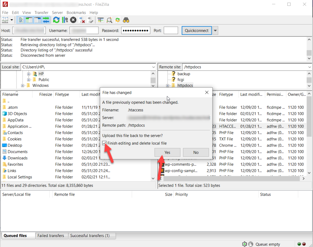 htaccess-Datei zurück auf den Server hochladen