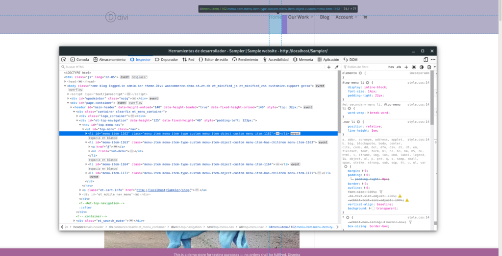 Uso de la herramienta de desarrollo del navegador para elegir el selector de CSS